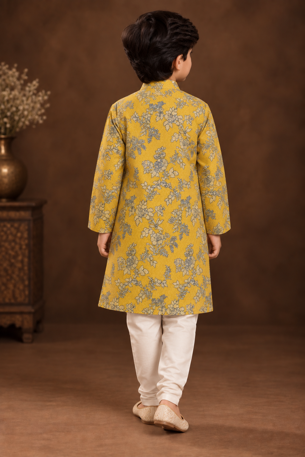 Mustard Yellow Floral Printed Kurta With Off-white Pyjama