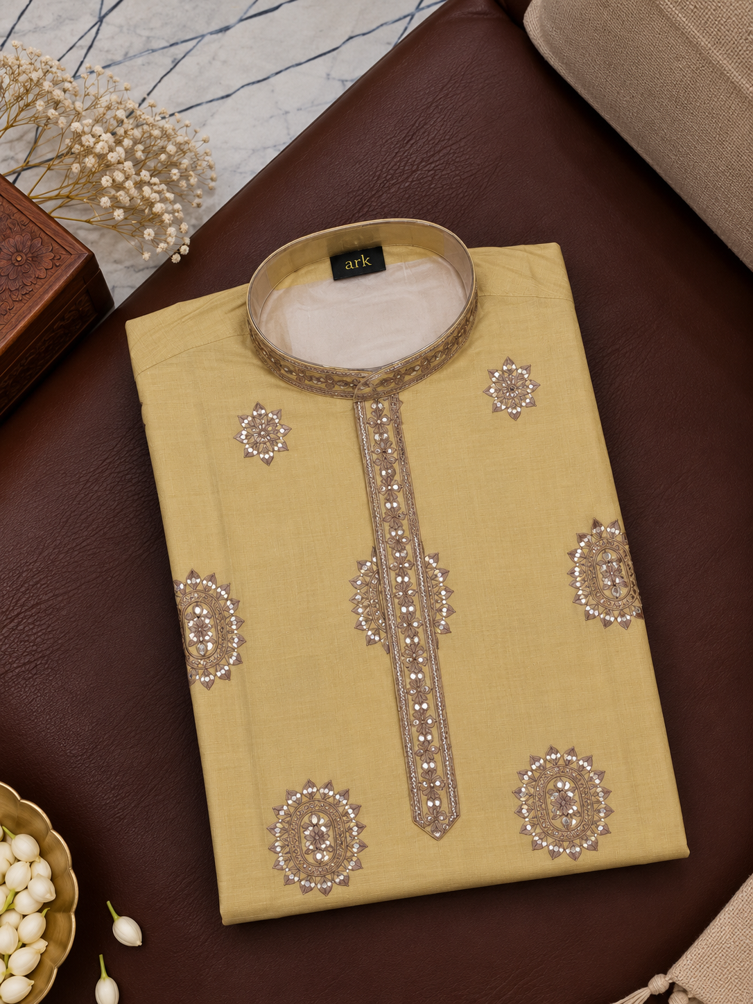 Mustard Yellow Kurta With Taupe Embroidery And Off-White Pyjama