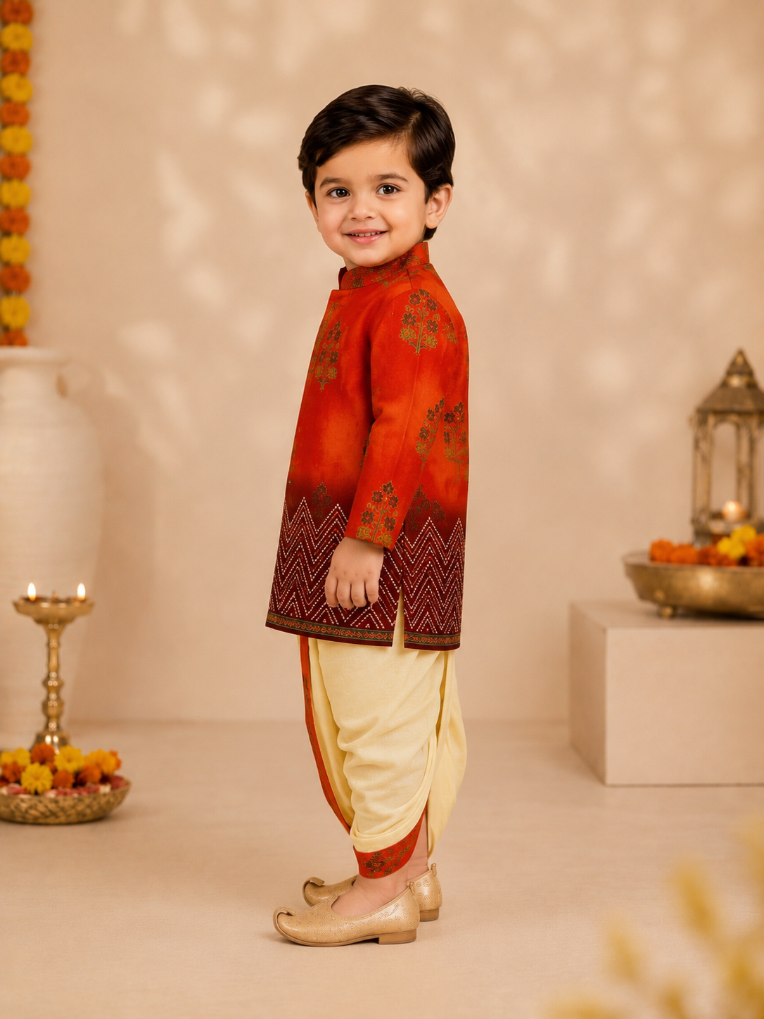Vermilion Printed Kurta With Butter Yellow Dhoti