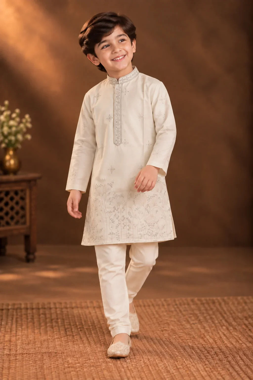 Ivory Kurta With Delicate Silver Embroidery And Off-white Pyjama