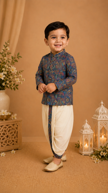 Blue Paisley Printed Kurta With Off-white Dhoti