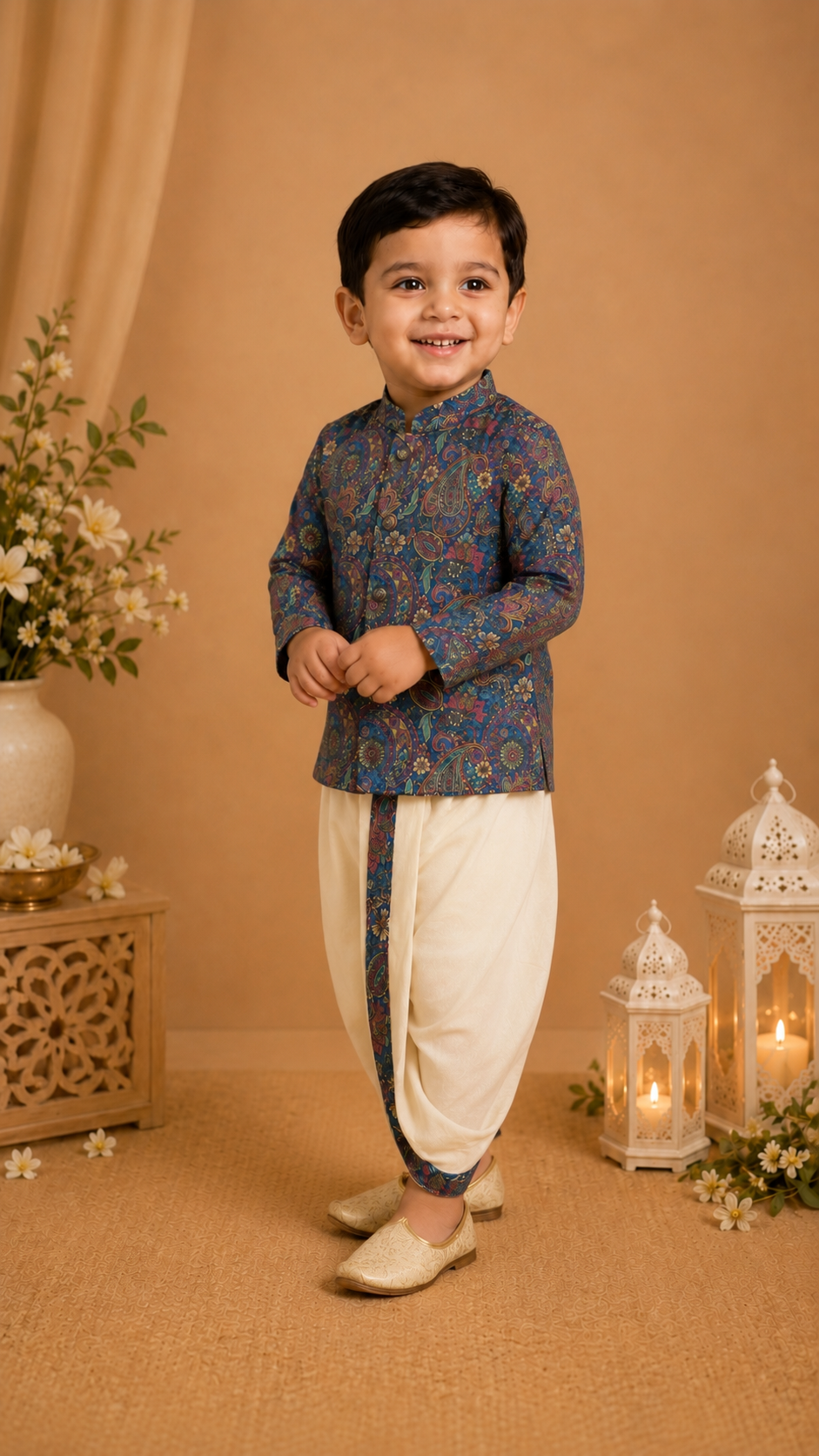 Blue Paisley Printed Kurta With Off-white Dhoti