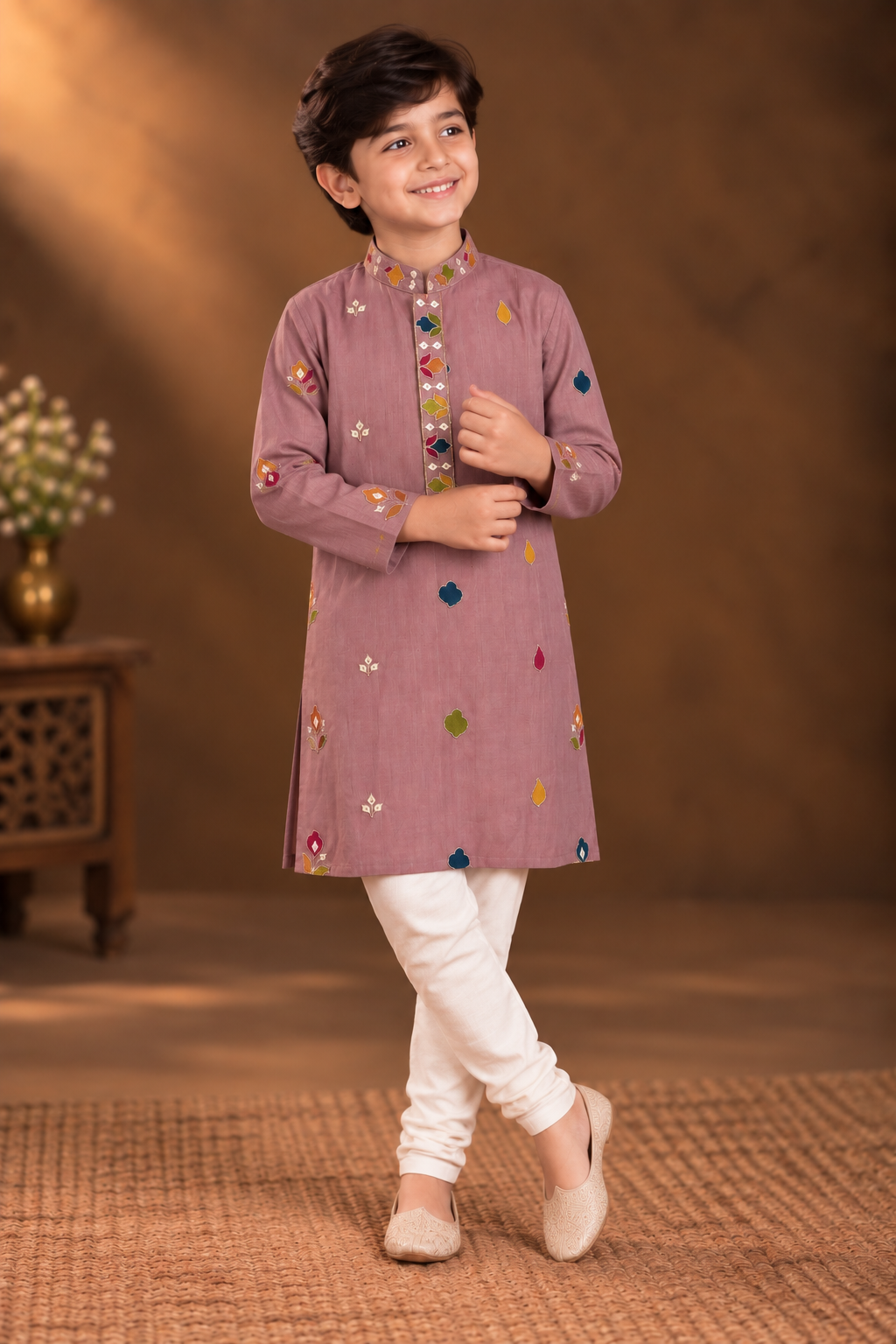 Mauve Pink Kurta With Vibrant Multicolour Floral Embroidery And Off-white Pyjama