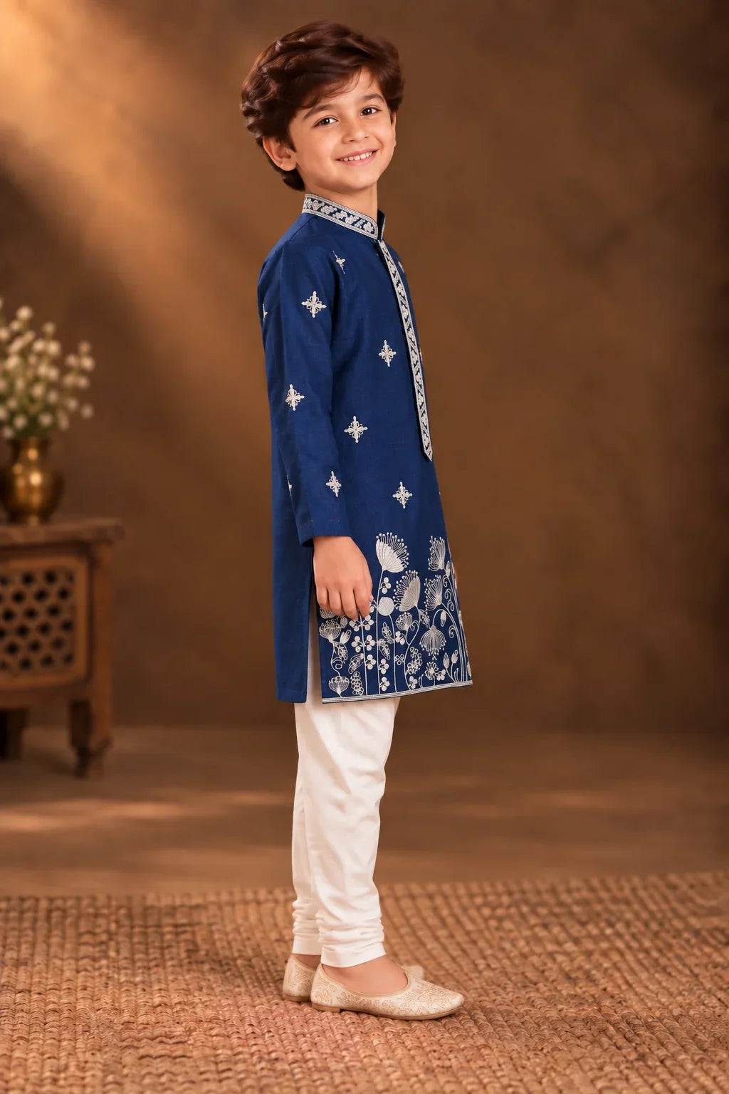 Dark Blue Kurta With White Floral Embroidery And Off-white Pyjama