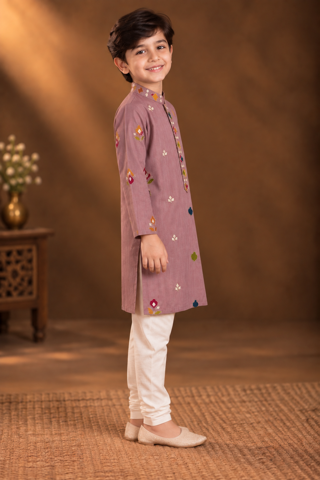 Mauve Pink Kurta With Vibrant Multicolour Floral Embroidery And Off-white Pyjama