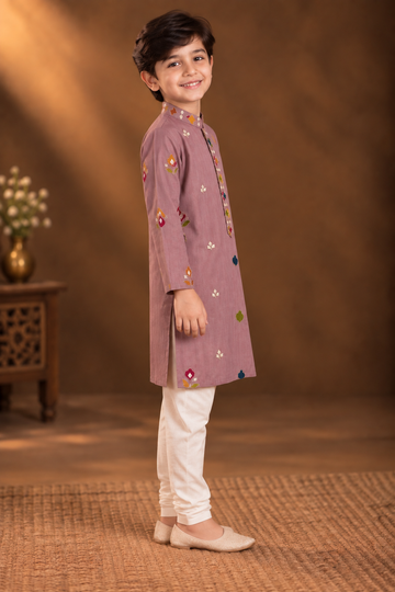 Mauve Pink Kurta With Vibrant Multicolour Floral Embroidery And Off-white Pyjama