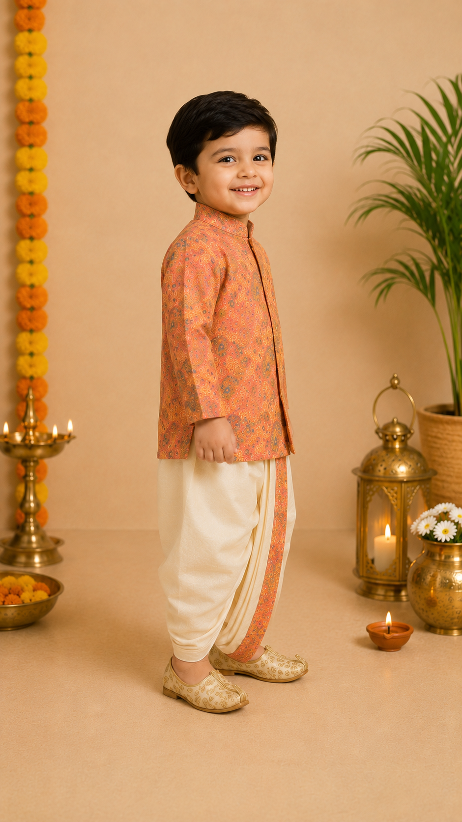 Orange Printed Kurta With Butter Yellow Dhoti