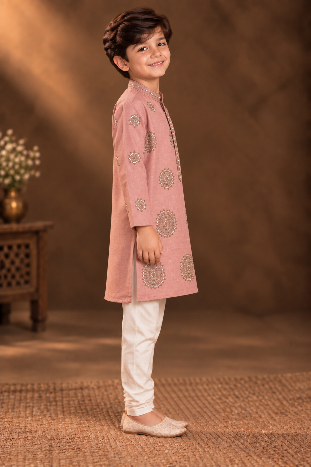 Dusty Rose Kurta With Taupe Embroidery And Off-White Pyjama