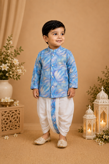 Sky Blue Printed Kurta With Off-white Dhoti