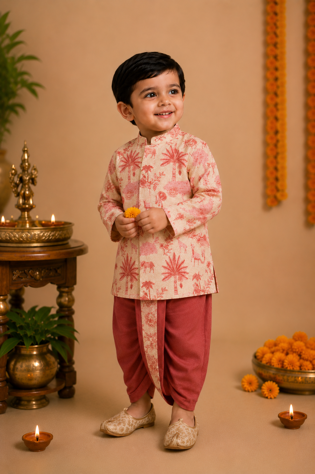 Cream Printed Kurta With Brick Red Dhoti