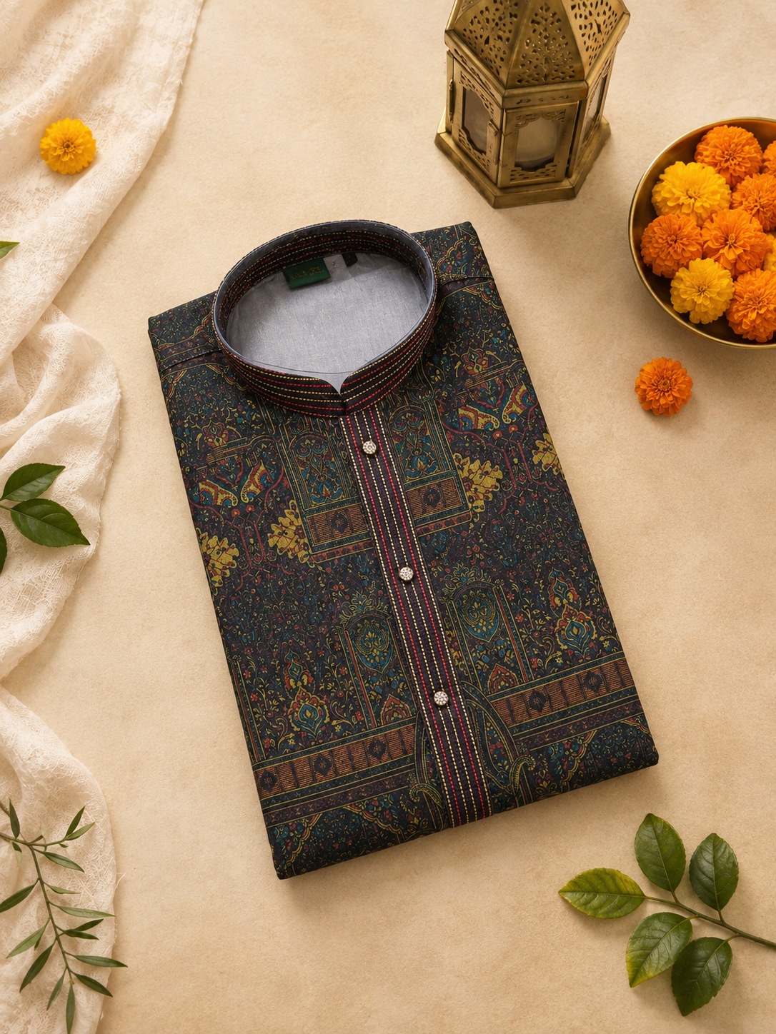 Deep Olive Printed Kurta With Off-white Pyjama