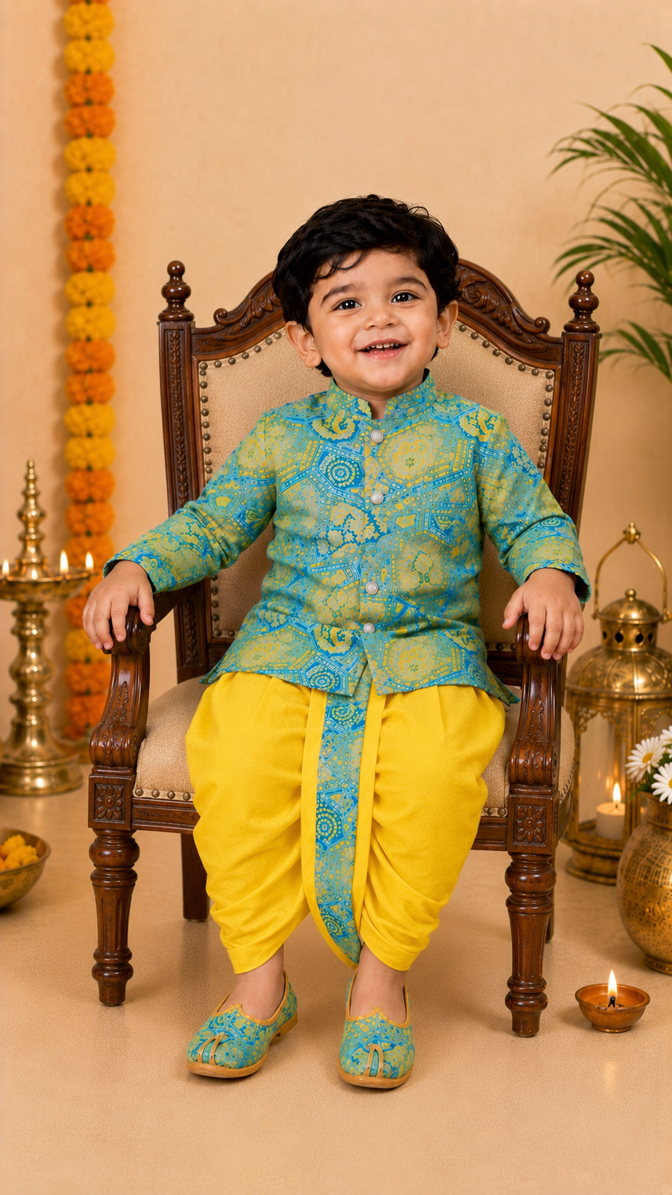 Blue And Yellow Printed Kurta With Lemon Yellow Dhoti