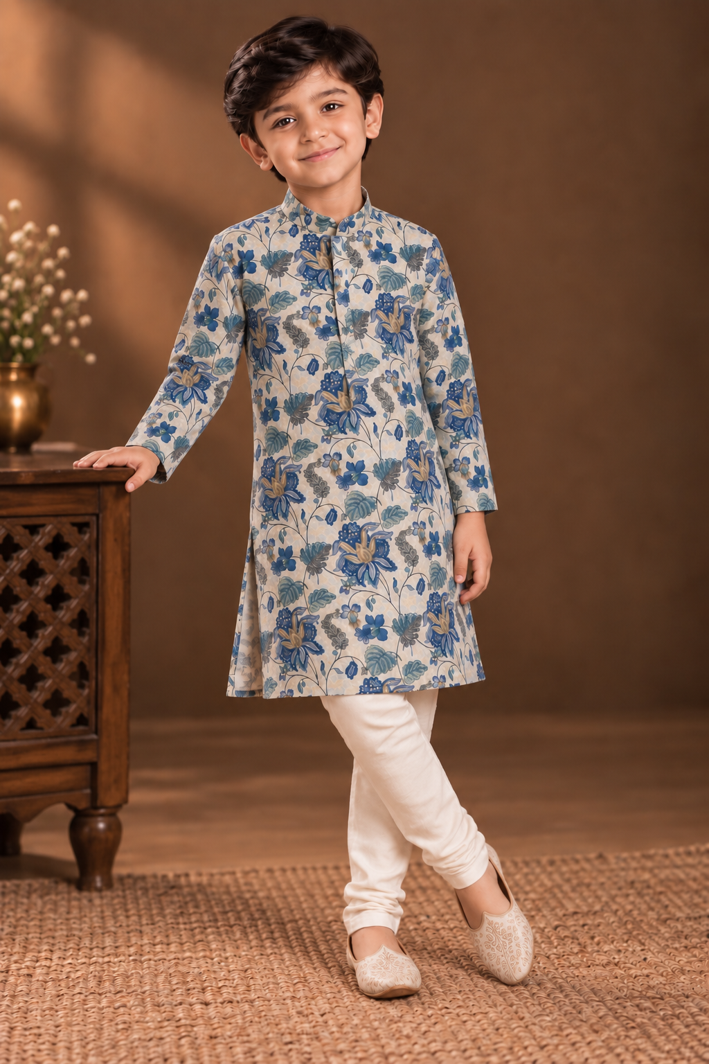 Ivory & Blue Floral Printed Kurta With Off-white Pyjama
