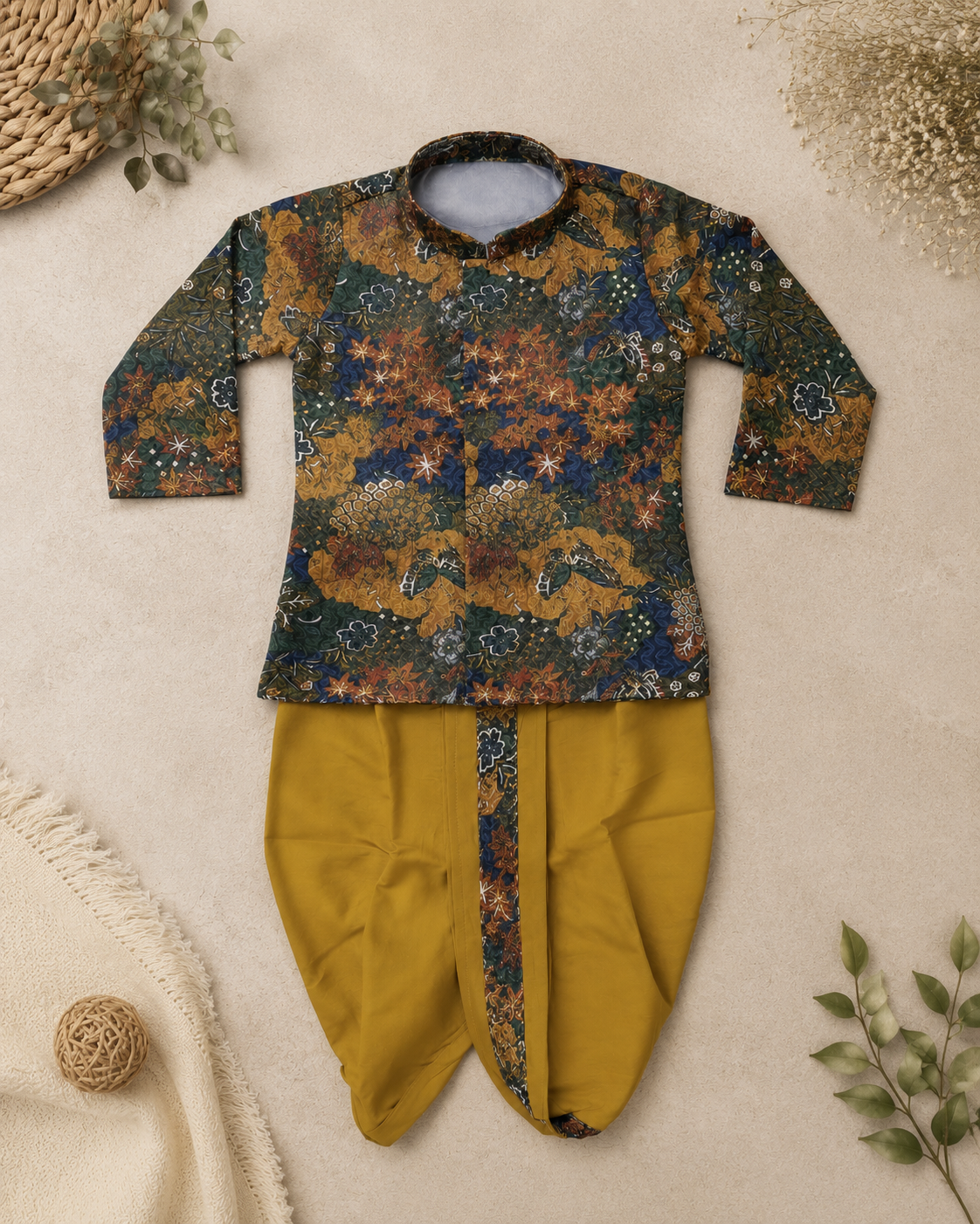Multicolor Floral Printed Kurta With Mustard Dhoti