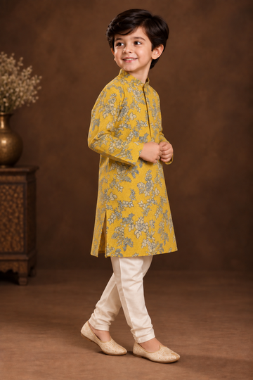 Mustard Yellow Floral Printed Kurta With Off-white Pyjama