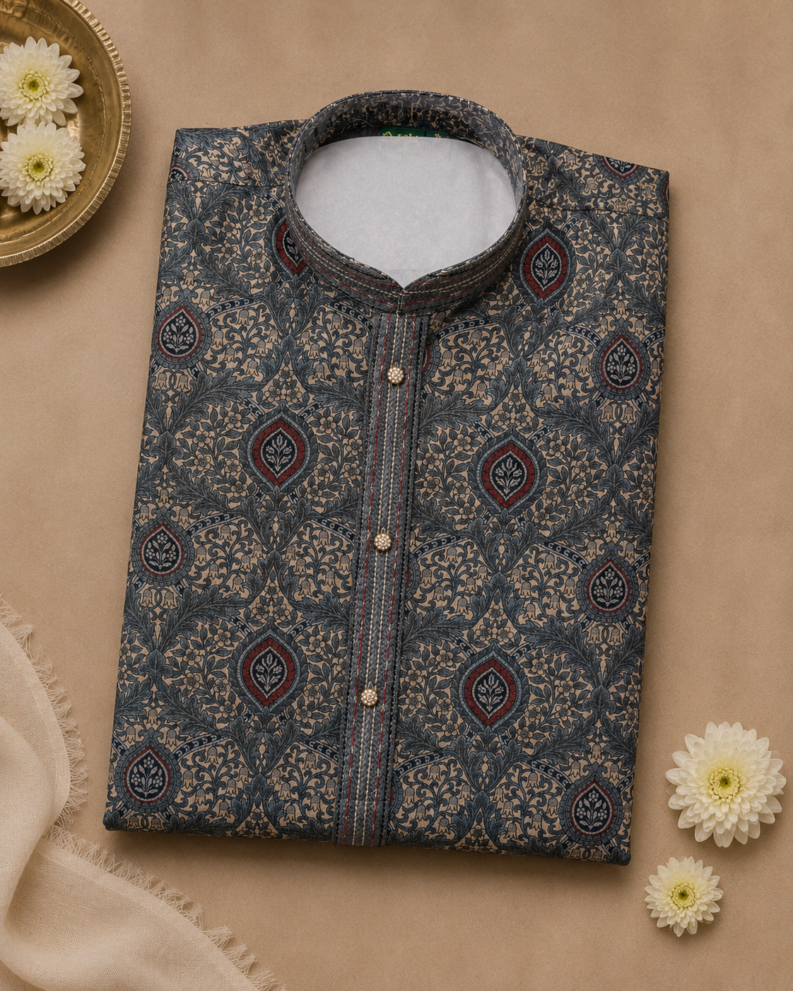 Charcoal Grey Printed Kurta With Off-white Pyjama