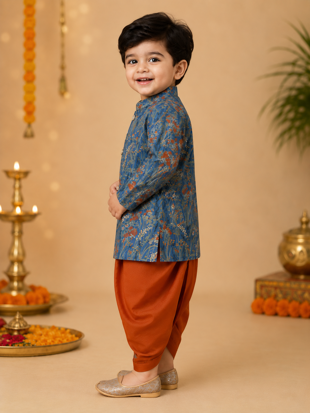 Blue Printed Kurta With Rust Dhoti