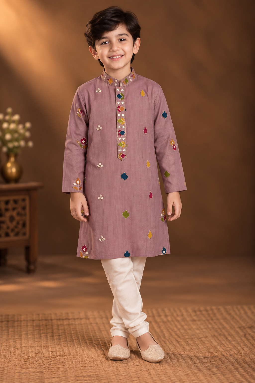 Mauve Pink Kurta With Vibrant Multicolour Floral Embroidery And Off-white Pyjama