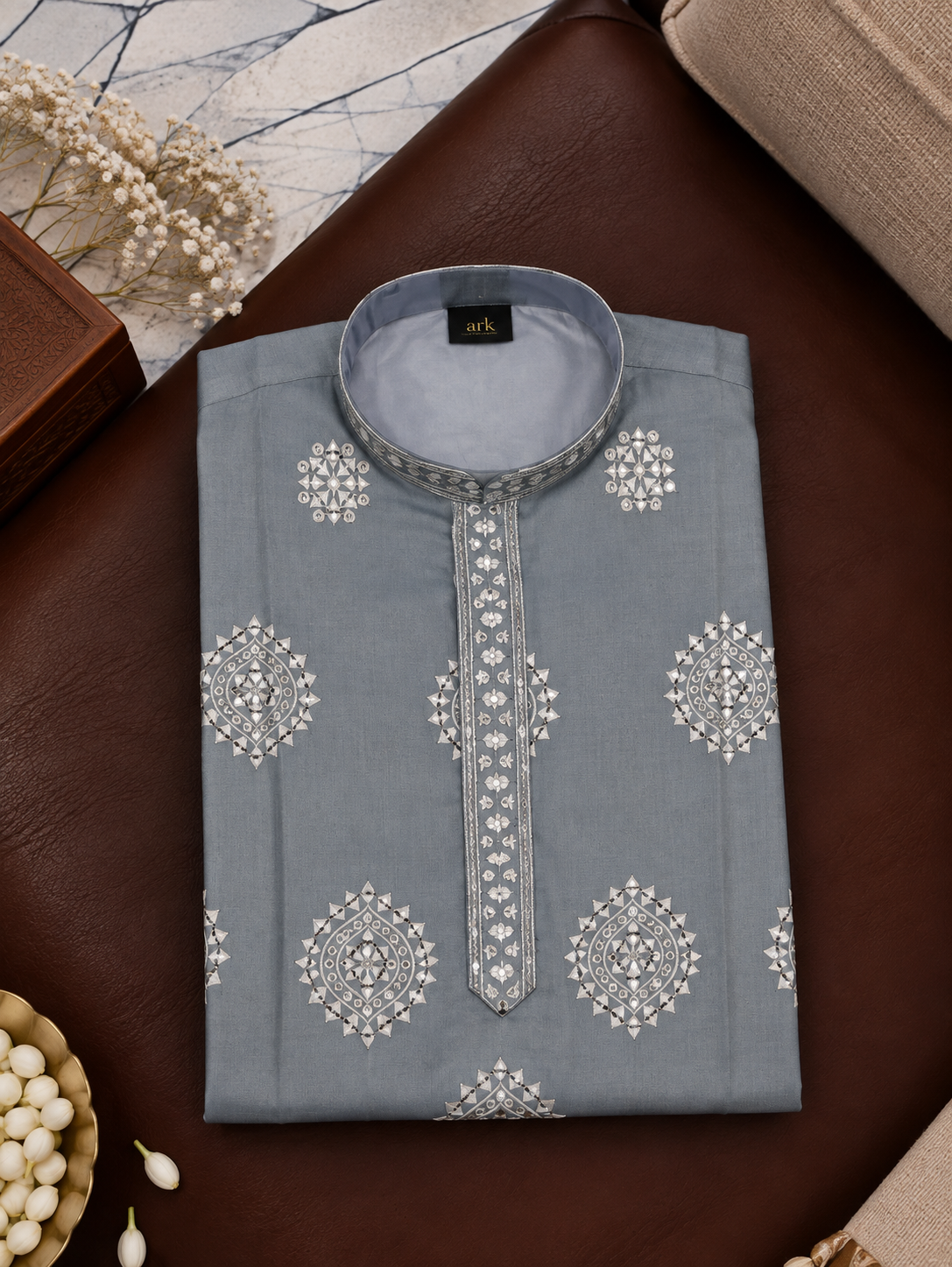 Dusty Blue Kurta With Silver Geometric Embroidery And Off-white Pyjama
