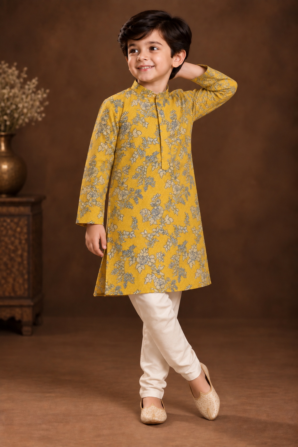 Mustard Yellow Floral Printed Kurta With Off-white Pyjama