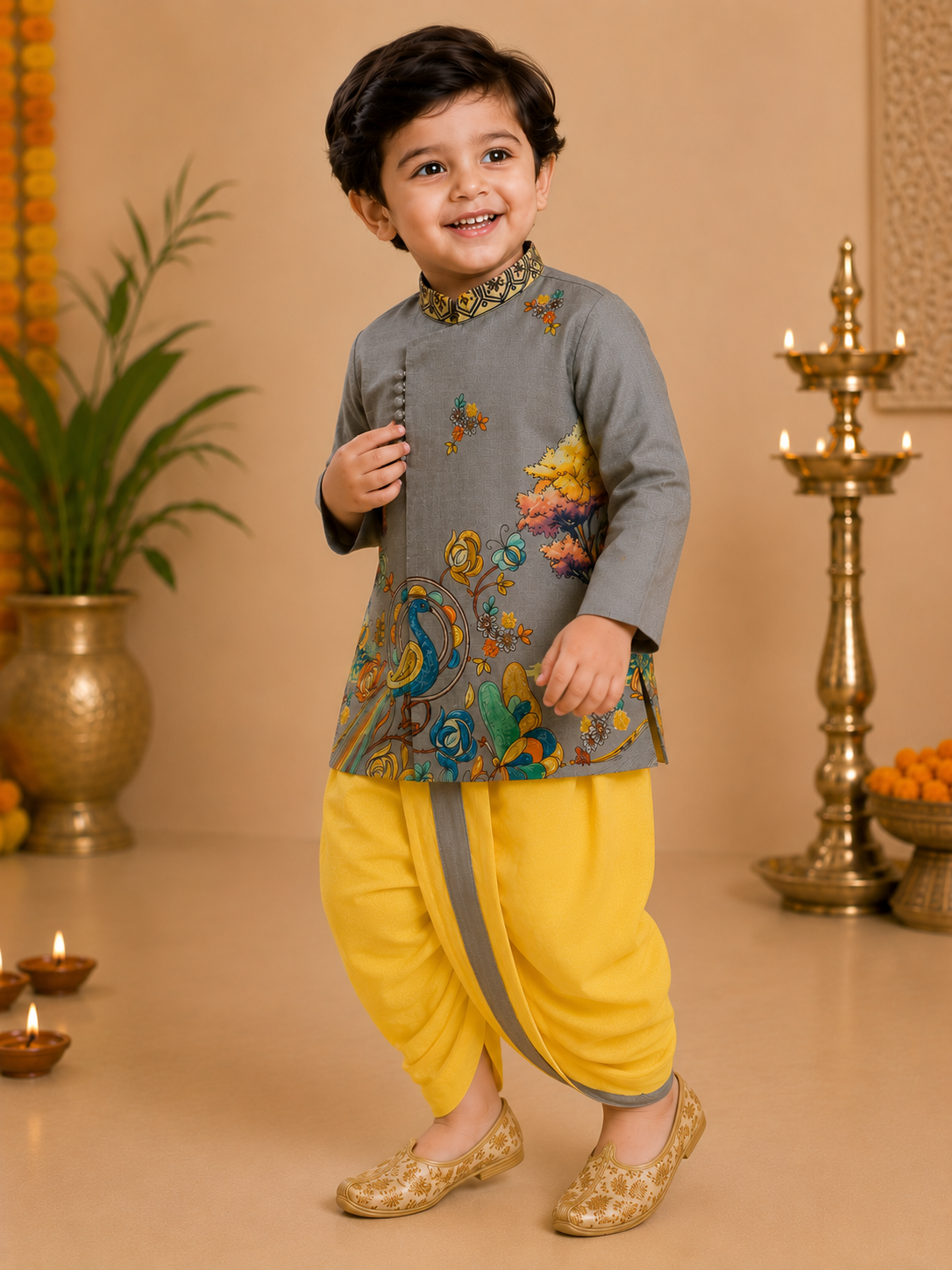 Grey Printed Kurta With Yellow Dhoti