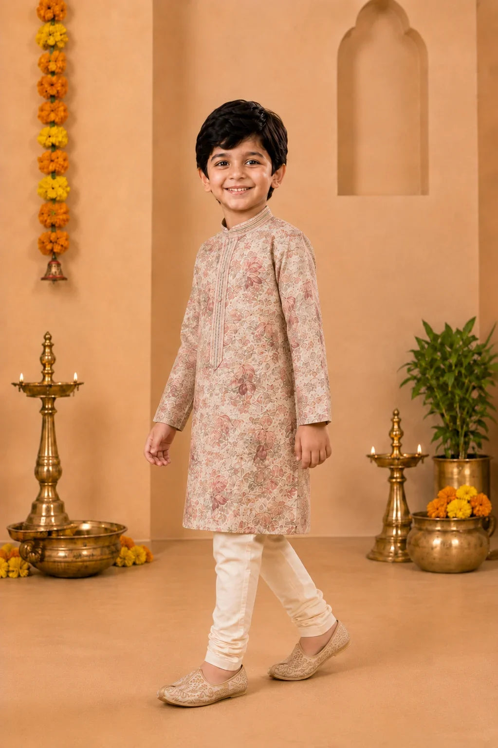 Ivory Floral Printed Kurta With Off-White Pyjama