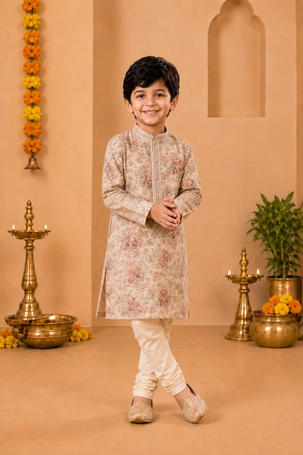 Ivory Floral Printed Kurta With Off-White Pyjama
