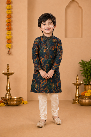Teal Green Printed Kurta With Vibrant Paisley Motifs And Off-white Pyjama