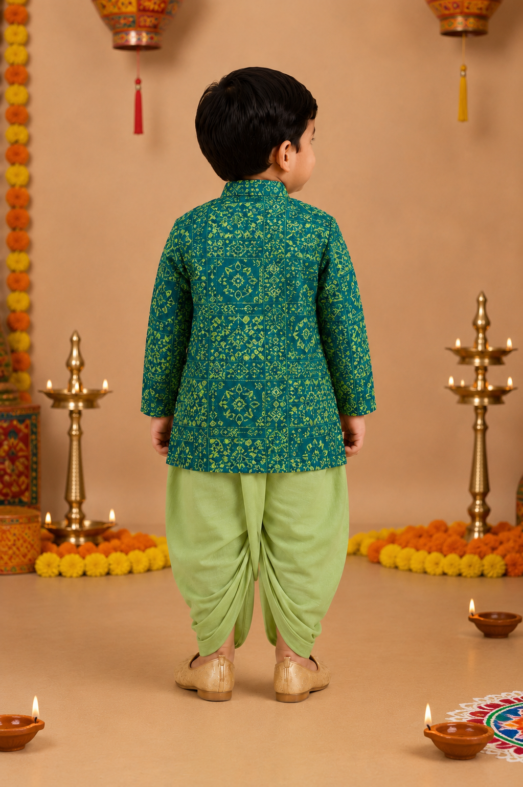 Teal Green Printed Kurta With Pastel Green Dhoti
