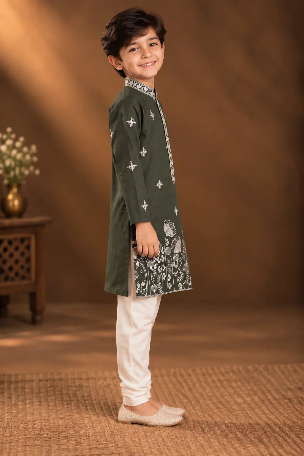 Deep Olive Green Kurta With White Floral Embroidery And Off-white Pyjama