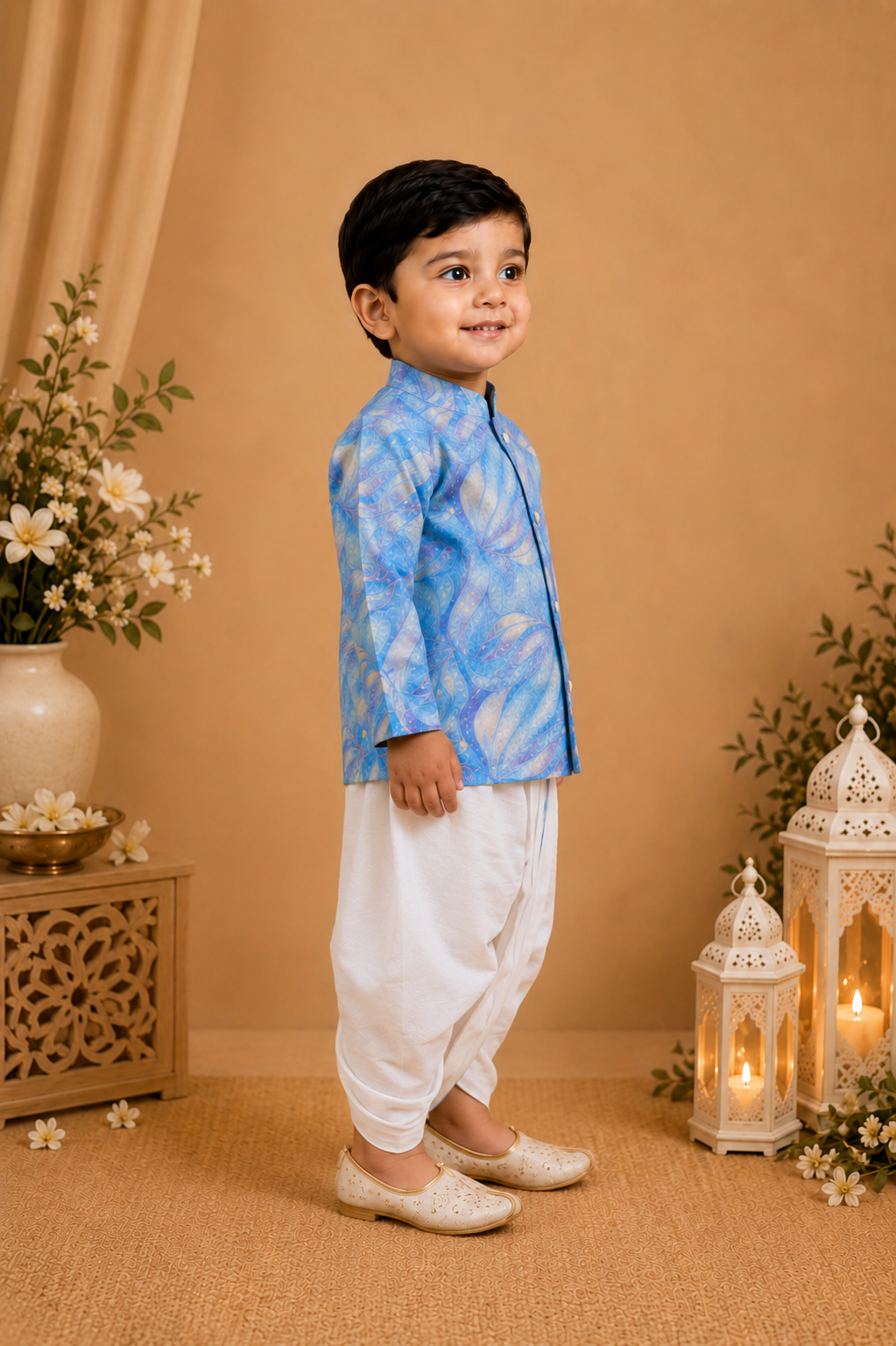 Sky Blue Printed Kurta With Off-white Dhoti