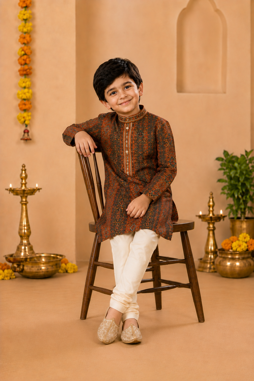 Burnt Orange Printed Kurta With Off-white Pyjama