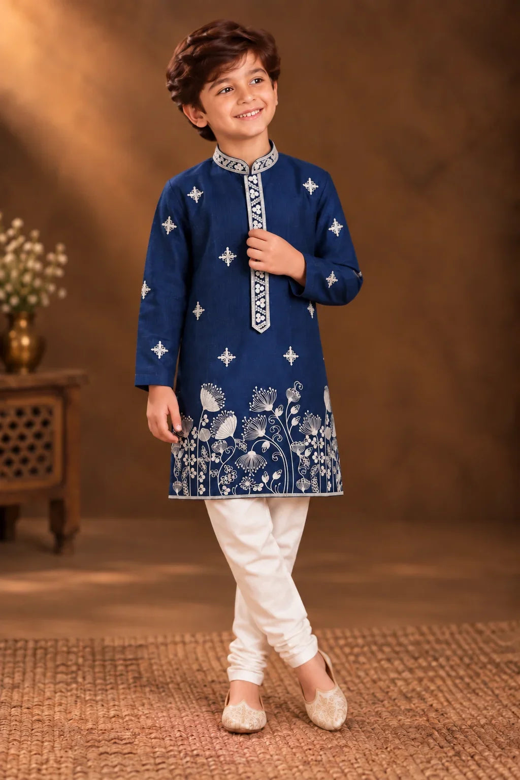 Dark Blue Kurta With White Floral Embroidery And Off-white Pyjama
