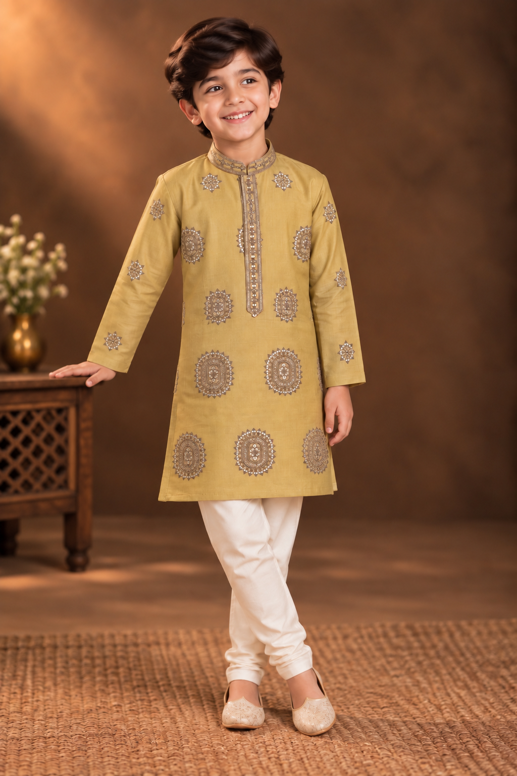 Mustard Yellow Kurta With Taupe Embroidery And Off-White Pyjama