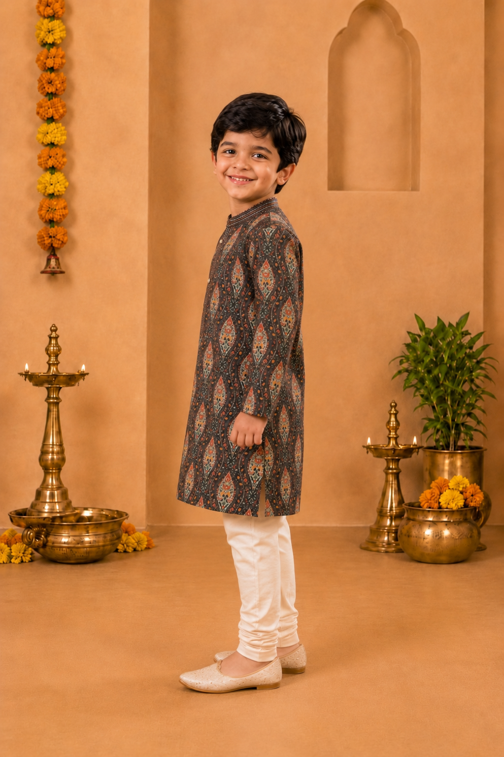 Charcoal Grey Printed Kurta With Off-white Pyjama