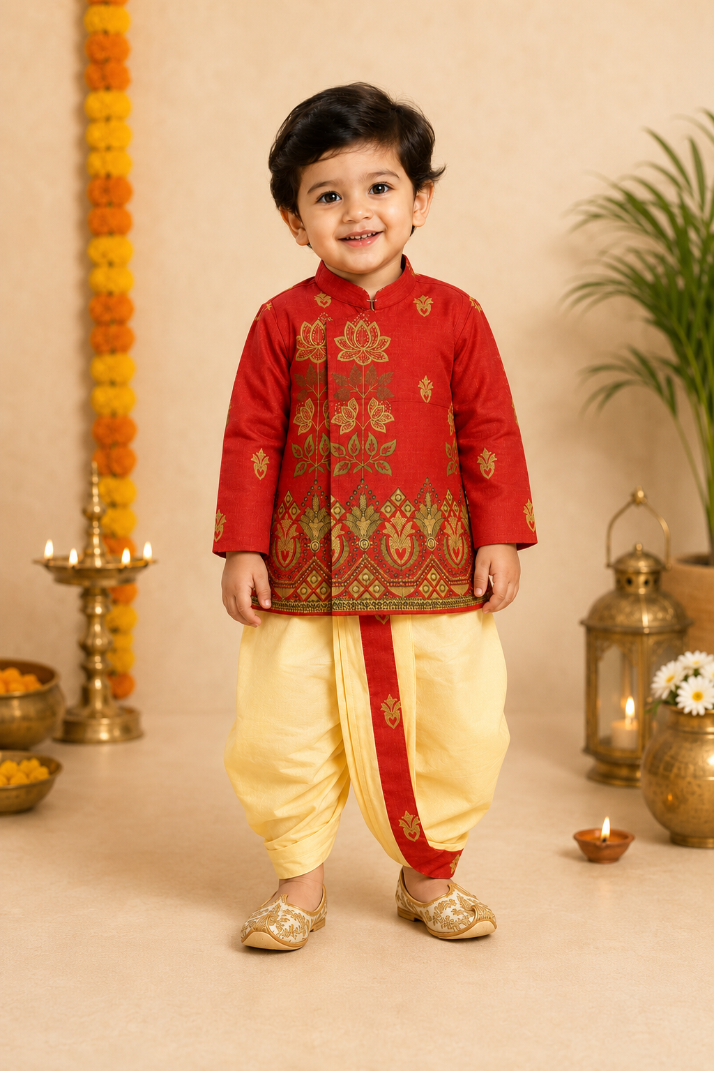 Red Printed Kurta With Butter Yellow Dhoti