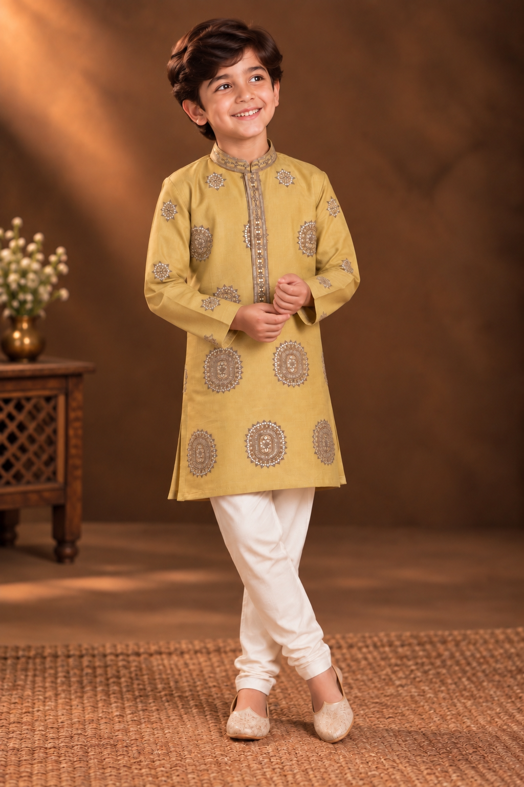 Mustard Yellow Kurta With Taupe Embroidery And Off-White Pyjama