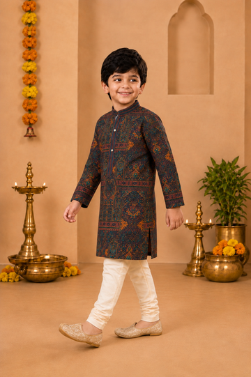 Deep Maroon Printed Kurta With Off-white Pyjama