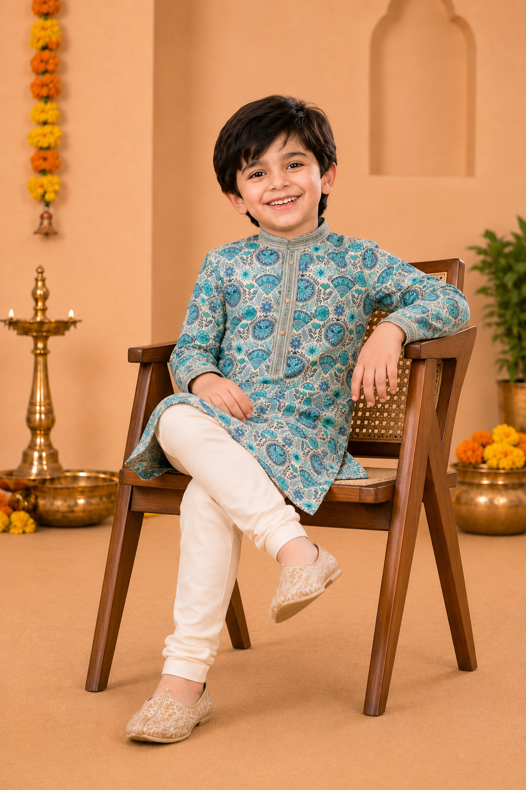 Ivory Printed Kurta With Teal-blue Motifs And Off-white Pyjama