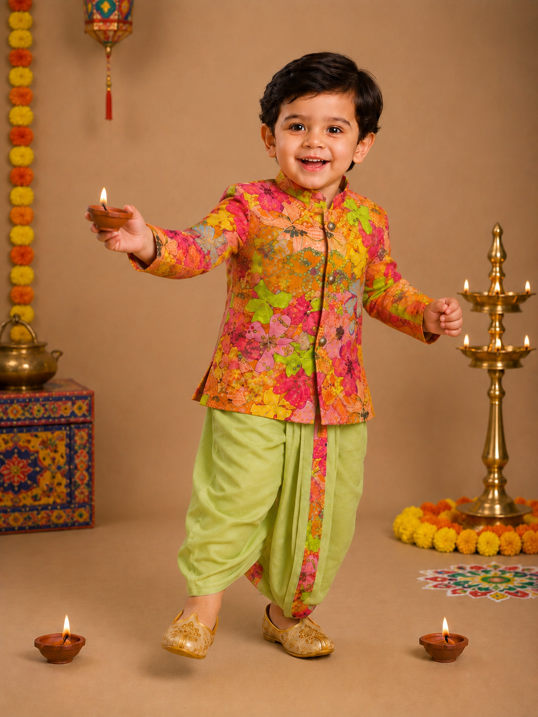 Multicolor Floral Printed Kurta With Pastel Green Dhoti