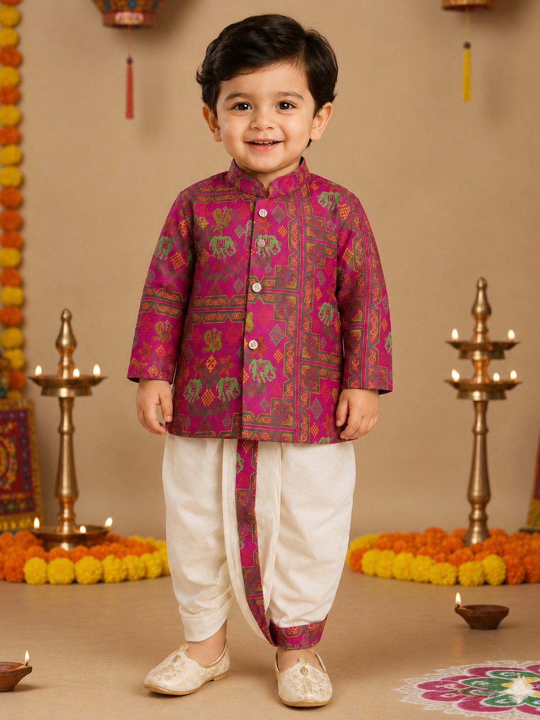 Magenta Printed Kurta With Off White Dhoti