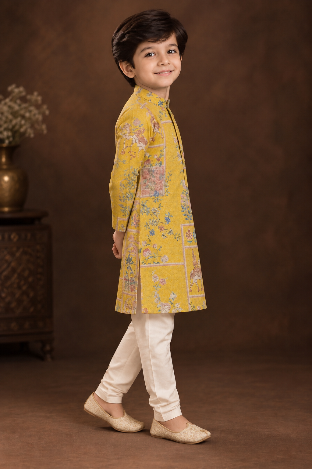 Golden Ochre Printed Kurta With Off-white Pyjama