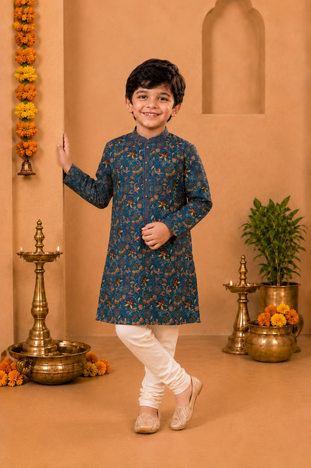 Teal Blue Printed Kurta With Off-white Pyjama