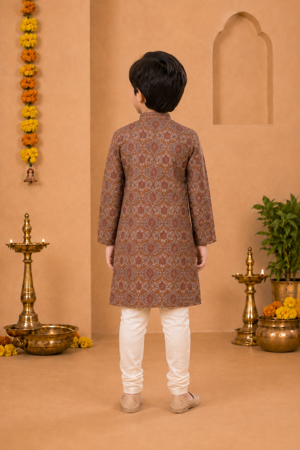 Rust Brown Printed Kurta With Off-white Pyjama