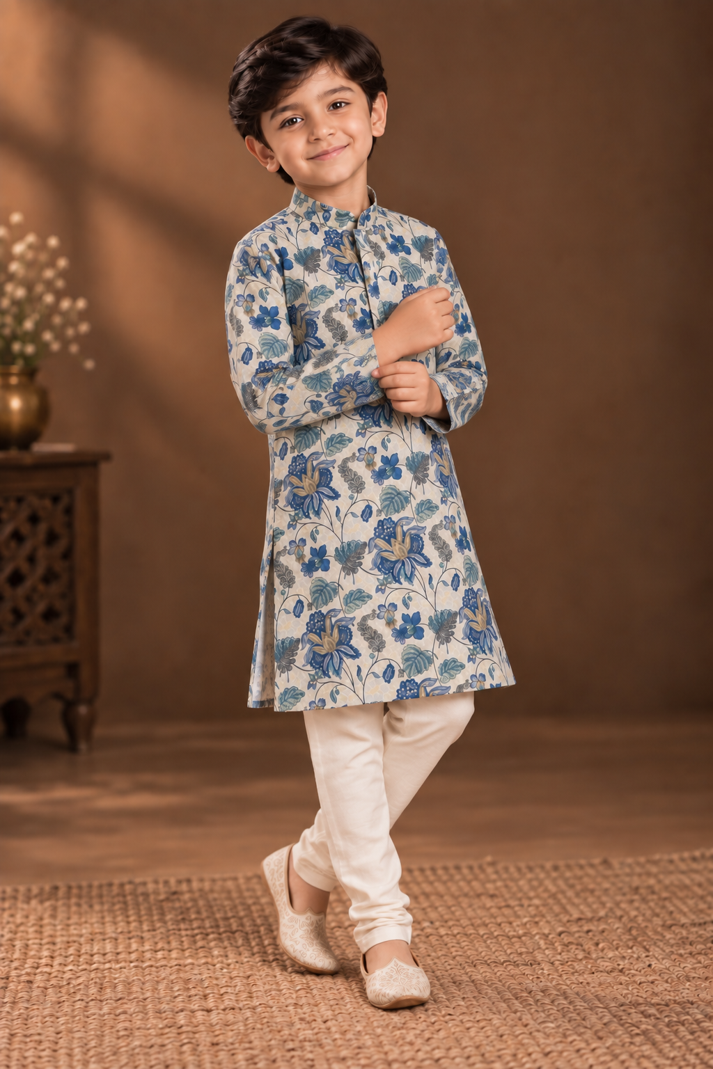 Ivory & Blue Floral Printed Kurta With Off-white Pyjama