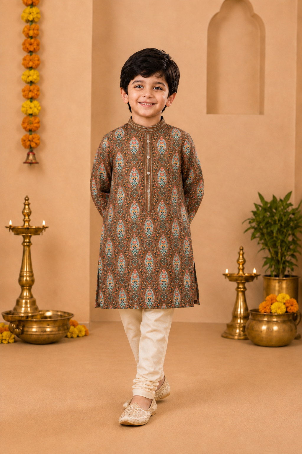 Vintage Brown Printed Kurta With Off-white Pyjama