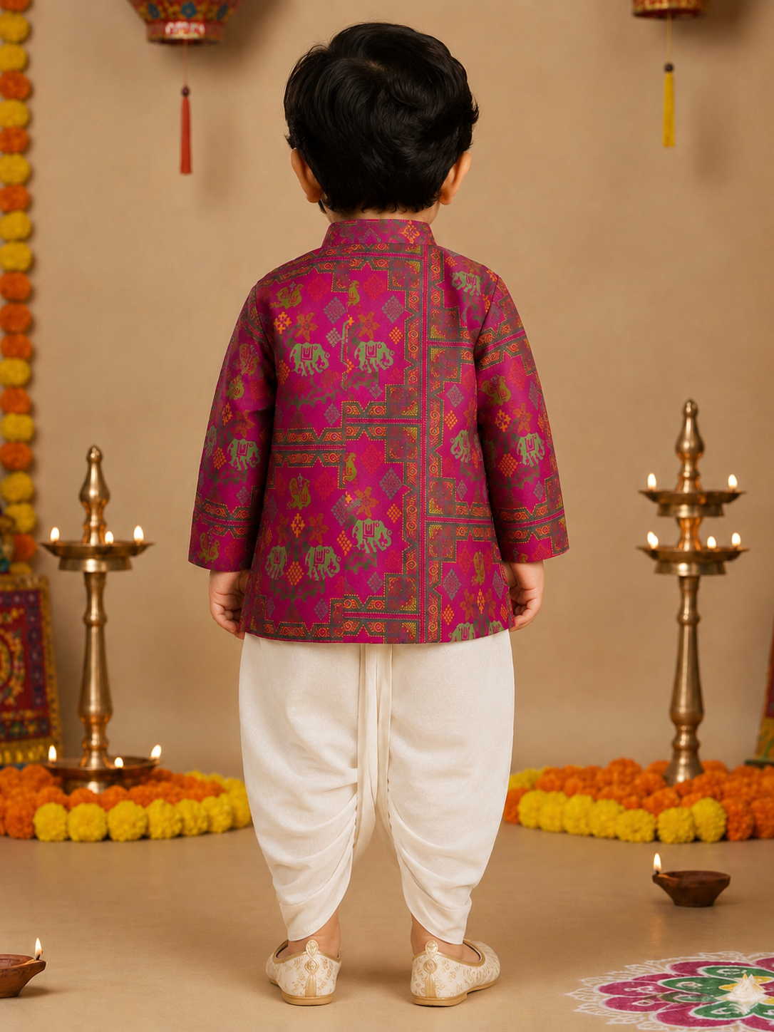 Magenta Printed Kurta With Off White Dhoti