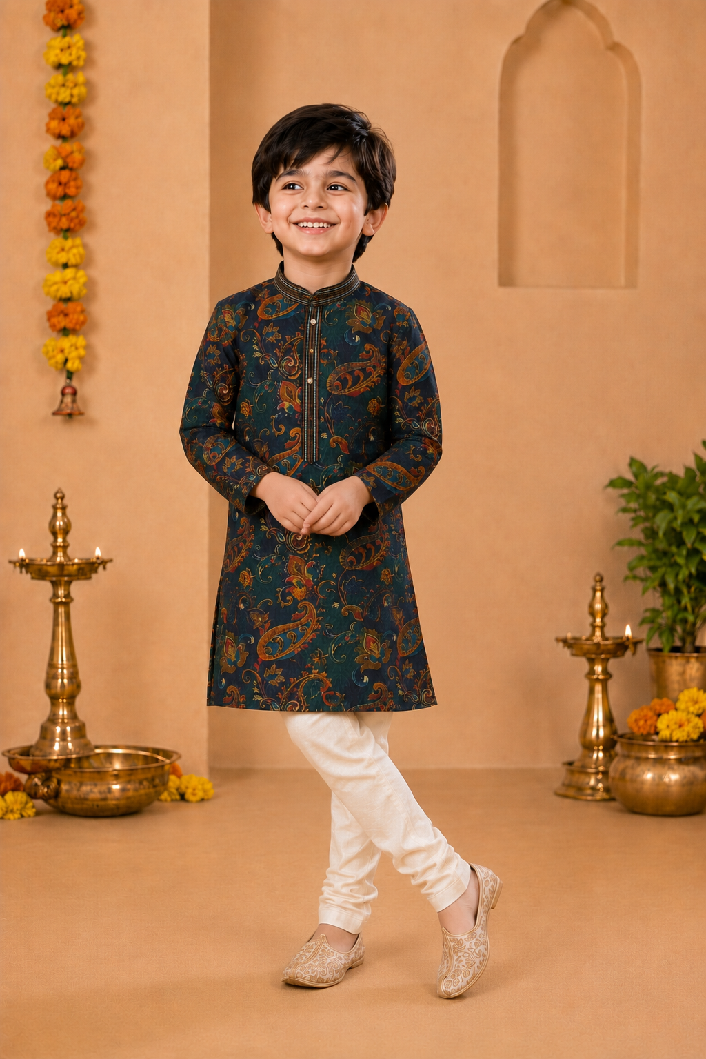 Teal Green Printed Kurta With Vibrant Paisley Motifs And Off-white Pyjama