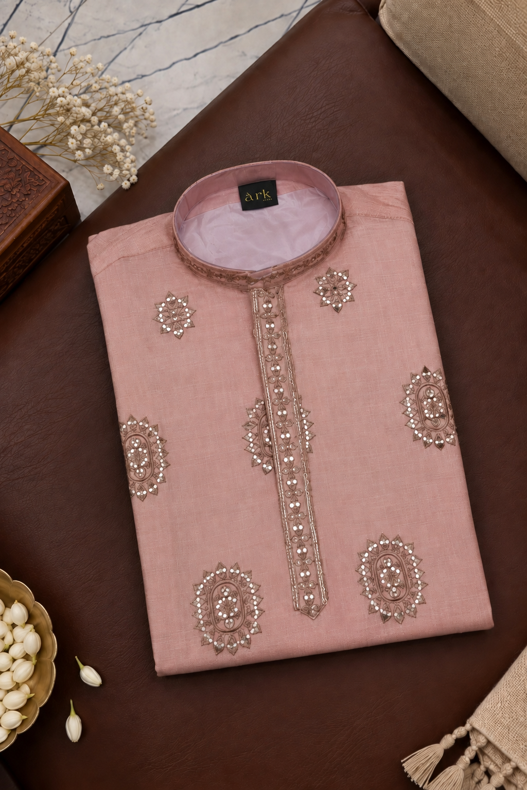 Dusty Rose Kurta With Taupe Embroidery And Off-White Pyjama