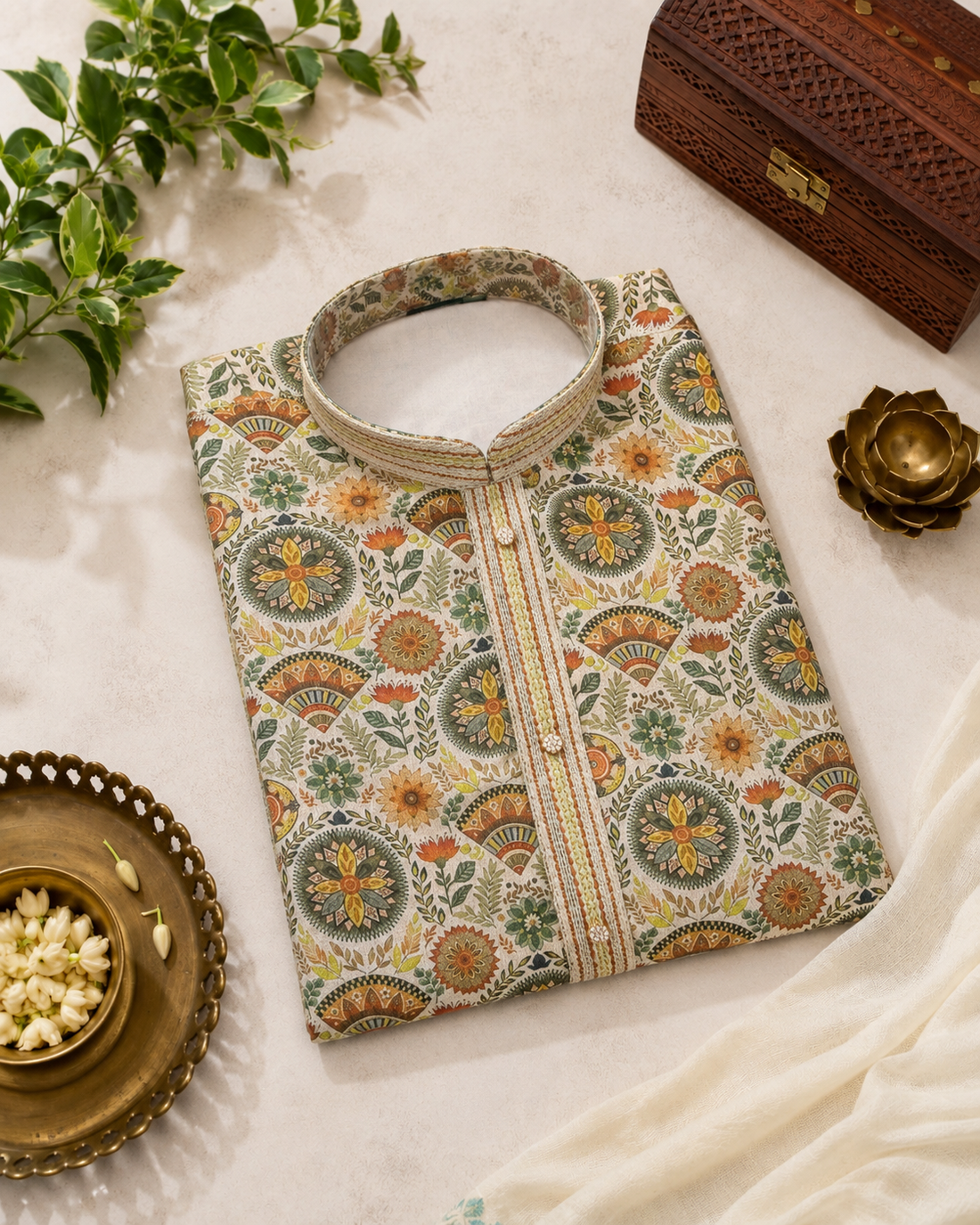 Ivory Kurta With Sage Green And Rust Floral Print And Off-white Pyjama